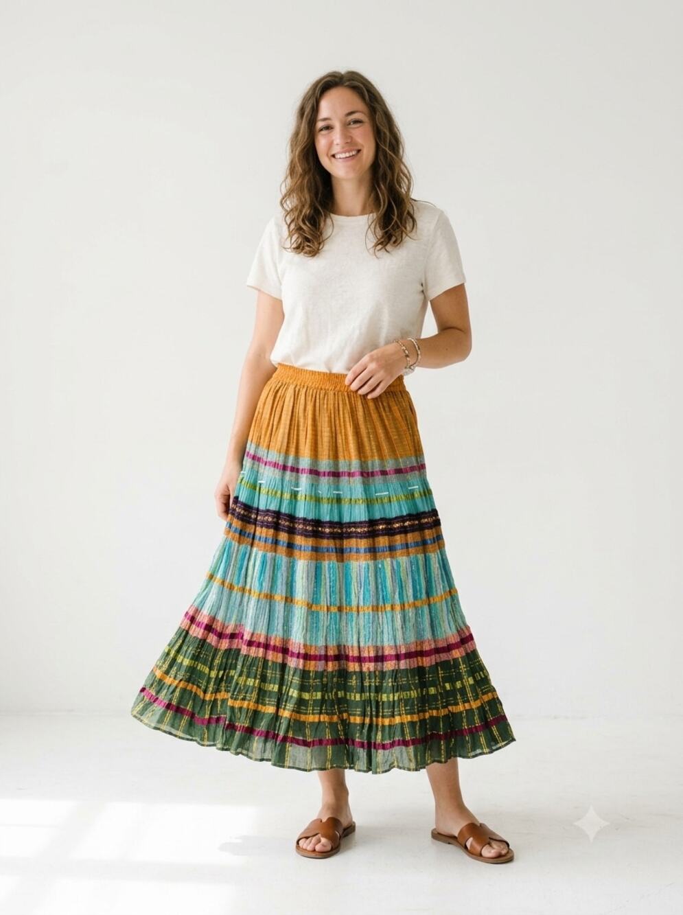 Coldwater Creek Maxi Skirt Womens PM Multicolor Broomstick Tiered Metallic Boho